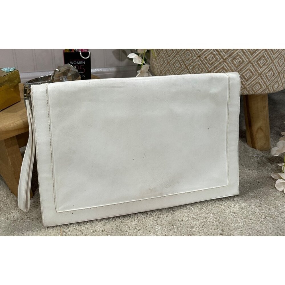 Vintage White Leather Clutch With Built-In Mirror and Wrist Strap